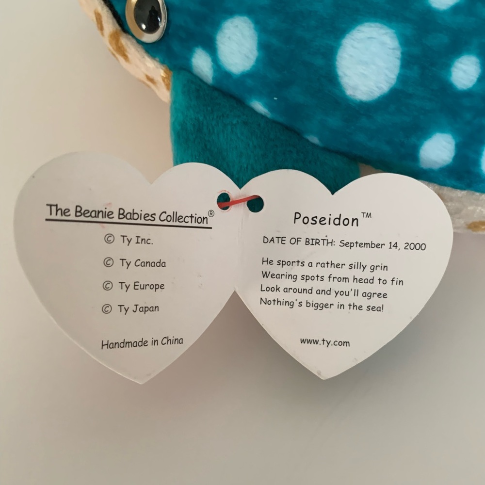 NWT Beanie Baby Ty Poseidon Whale 2000 Retired Vintage Ocean Blue Tan Polka Dots - Picture 11 of 15